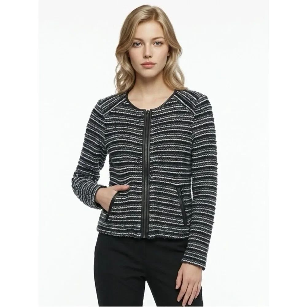 LOFT | Knit Zip Front Cardigan Jacket Gray Black White Women’s Size Large